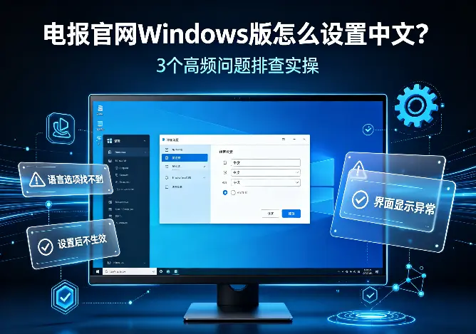 电报官网Windows版怎么设置中文？3个高频问题排查实操