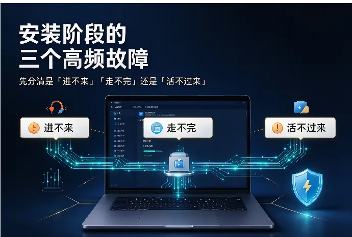 安装阶段的三个高频故障：先分清是「进不来」「走不完」还是「活不过来」