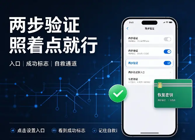 照着点就行：两步验证的入口、成功标志，和忘了之后的自救通道