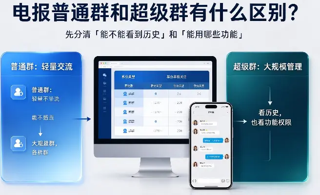 电报普通群和超级群有什么区别？先分清「能不能看到历史」和「能用哪些功能」