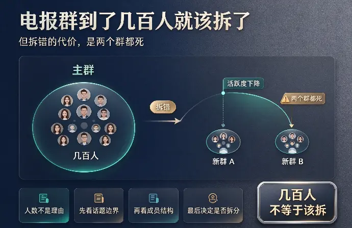电报群到了几百人就该拆了：但拆错的代价，是两个群都死