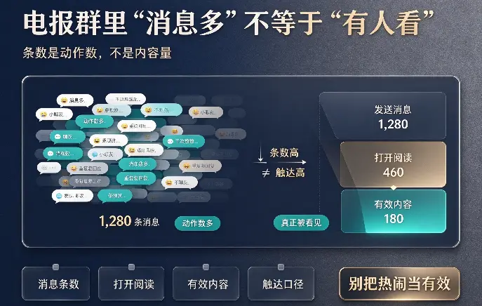 电报群里"消息多"不等于"有人看"：条数是动作数，不是内容量