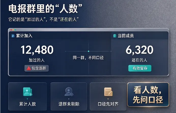 电报群里的"人数"：它记的是"加过的人"，不是"还在的人"