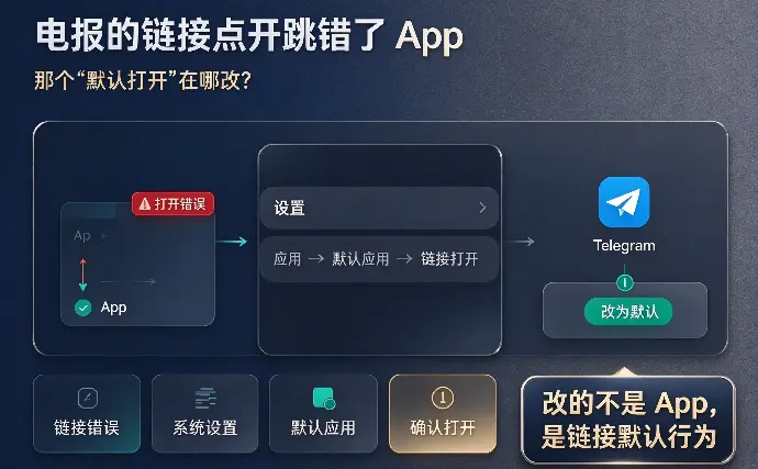  电报的链接点开跳错了 App：那个「默认打开」在哪改