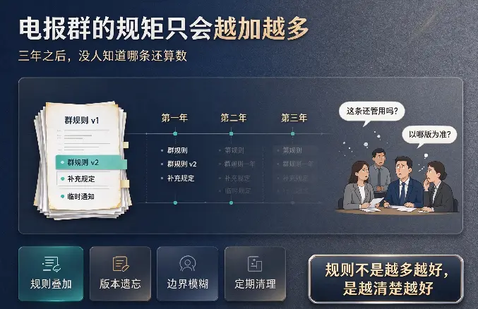 电报群的规矩只会越加越多：三年之后，没人知道哪条还算数